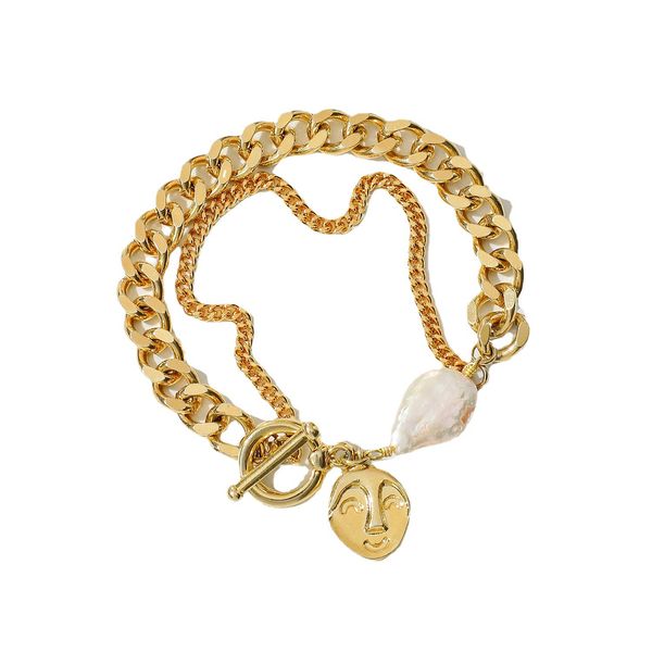 

european and american multi-layer cuban chain 14k real gold plated face pendant bracelet female jewelry gift baroque pearl bracelet, Golden;silver