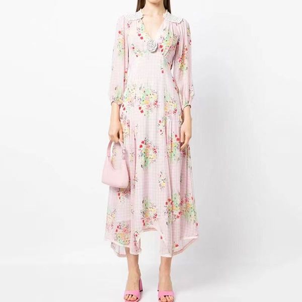 

2023 designer maxim party dress french v-neck, waistband, bubble sleeves, irregular skirt hem, printed dress for women, designer robe, Black;gray