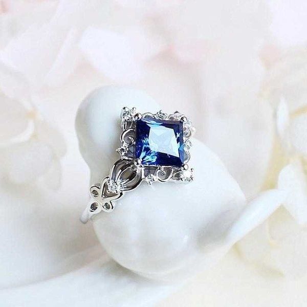 

solitaire ring fashion silver color metal hand set blue zircon women wedding engagement ring z0603, Golden;silver