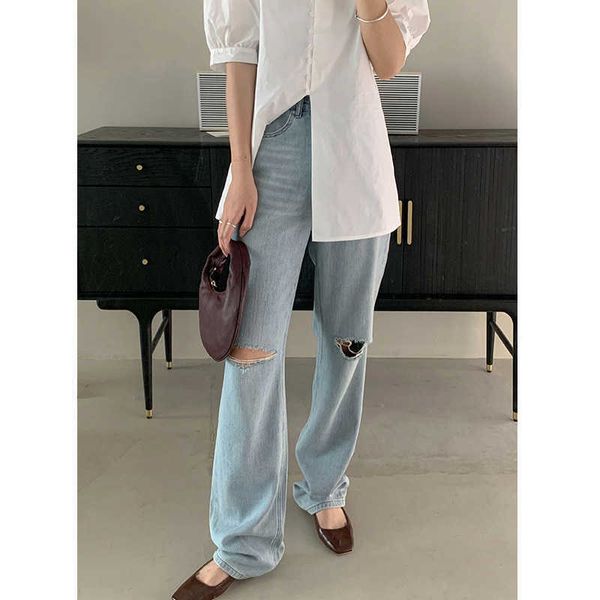 

high waist perforated jeans women's 2023 row summer new edition simple pants, Blue
