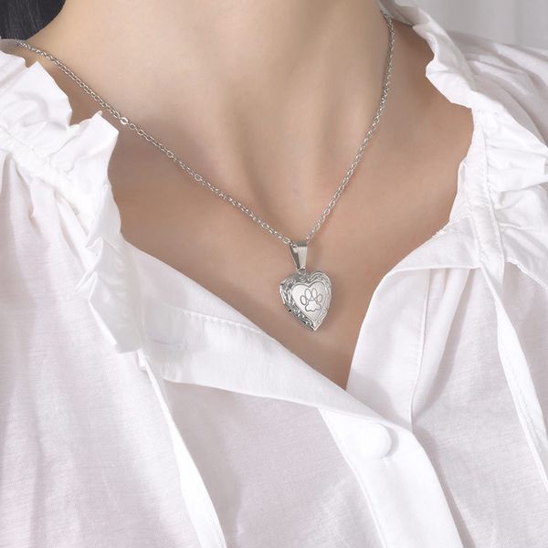 

women's pendant necklace personalized and trendy stainless steel heart pendant necklace openable for picture frame and carved dog paw j, Golden;silver