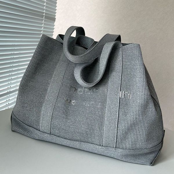 

spring jumbo grey knitting tote designer soft bag shiny printed letter stripes patchwork shoulder handbag large capacity travel shopping cas