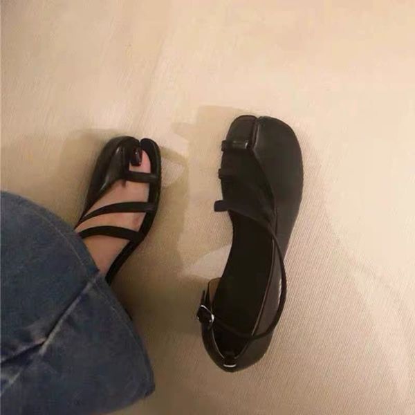 

summer split toe ninja tabi sandals women buckle strap zapatos mujer high heels shoes women round heels sandalias de las mujeres, Black