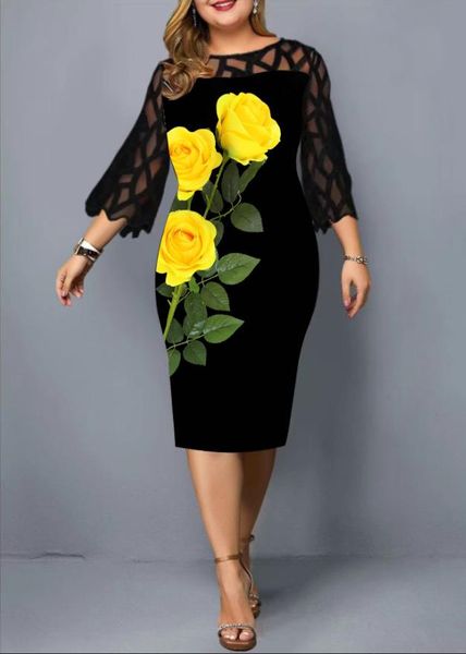 

dresses plus size women dress autumn elegant floral printed party dress ladies mesh patchwork casual dress women clothing 4xl 5xl, Black;gray