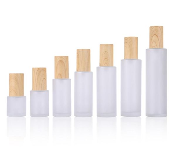 

20ml120ml frost glass lotion spray bottles 50ml empty matte emulsion liquid bottle with wood lines plastic cap9870144