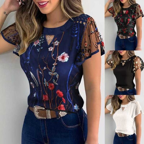 

wholesale new women girls flowers embroidery oneck short ruffle sleeve mesh hollow out shirts solid color slim casual tshirtlt, White