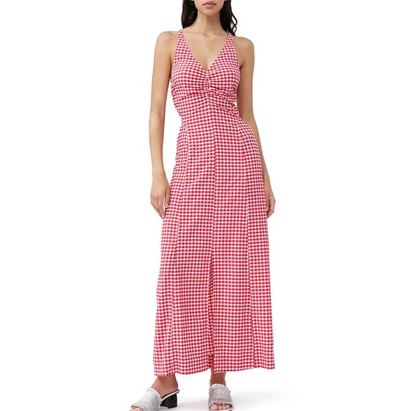 

2023 designer maximum dress for women red plaid waistband long dress v-neck backless holiday dress summer dress, Black;gray