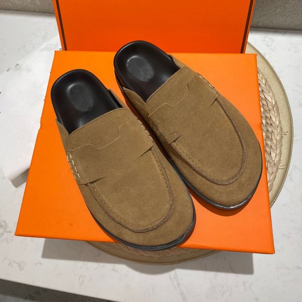 

chypre women slip on sandal h letter flat mules sandals half slipper designer women shoes sheepskin suede leather clog brand platform slides, Black