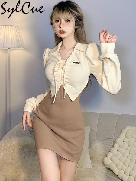 

dresses sylcue patchwork contrast color youthful vitality girl sweet and cute slim travel happy women's longsleeved tight dress, Black;gray