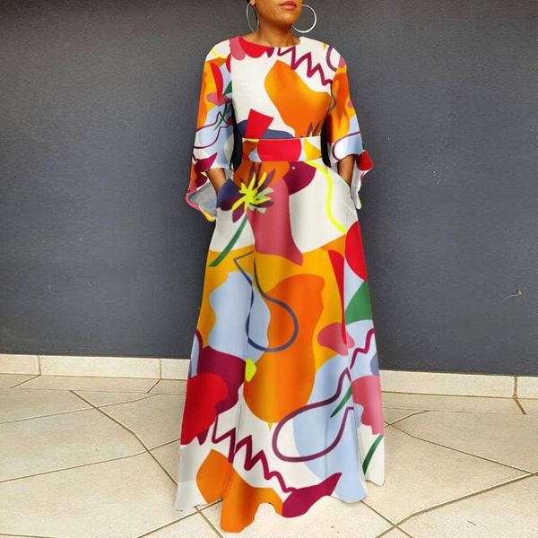 

dresses autumn fashion high waist long dress women casual elegant printing flare sleeves floor dress women, Black;gray