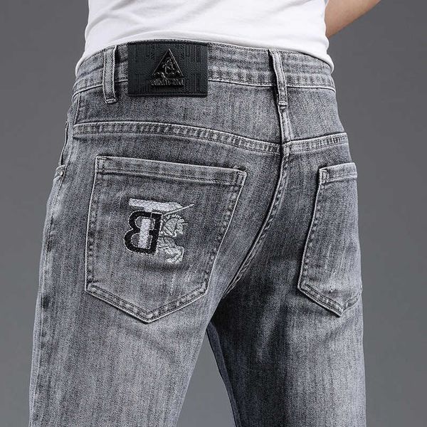 

8a original b urberry shorts and pants online shop spring new jeans men's cotton korean version slim fit brand smoky grey embroidery ho, Blue