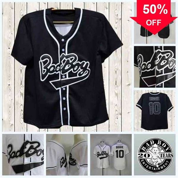 

xflsp glac202 mens bad boy movie baseball jersey #10 biggie the notorious b.i.g.smalls black white baseball film buttons jersey double stitc