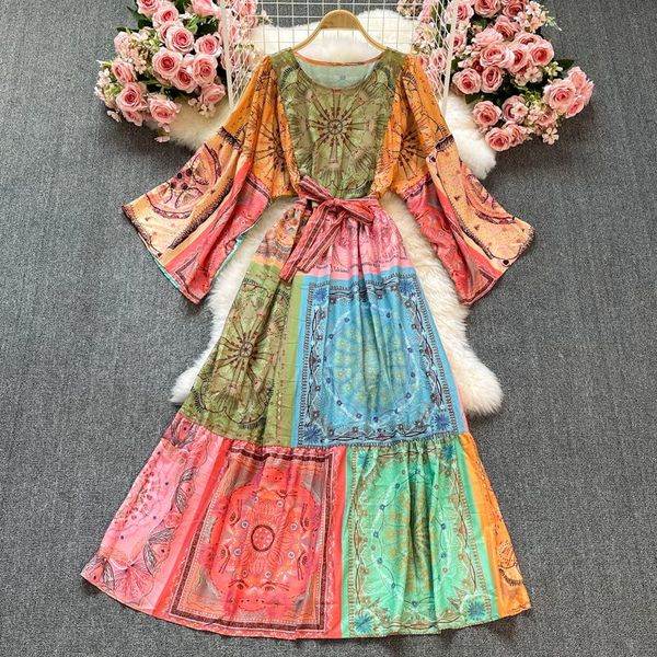 

dresses summer vintage print bohemian maxi dress women flare sleeve o neck flower plaid sashes lace up boho holidays party long vestidos, Black;gray