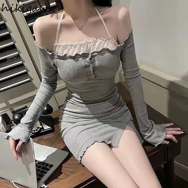 

dresses 2023 vestidos de mujer bodycon woman dress slash neck long sleeve split robe femme sweet ruffles lace backless mini dresses, Black;gray