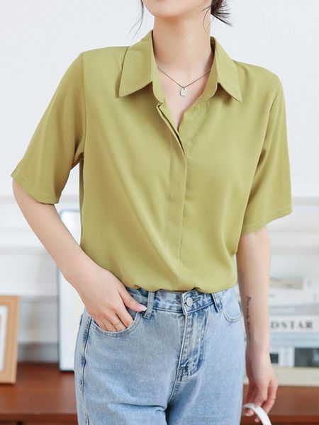 

shirts 2023 short sleeve blouse women summer single breasted turndown collar shirts office work blouse solid vintage blouse shirts, White