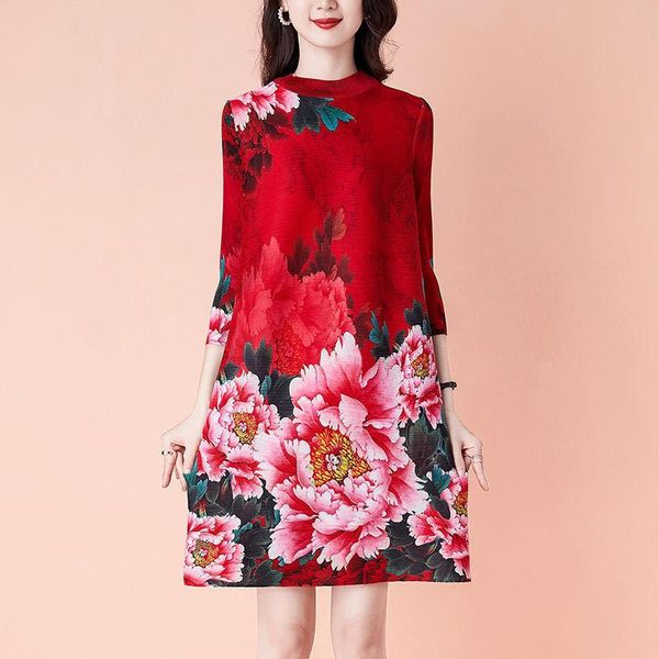 

dresses new printed midi dress women 2023 spring and autumn loose ethnic fashion ladies round neck dress, Black;gray