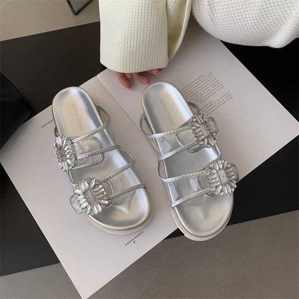 

women wearing slippers outings in 2023 new fashion summer open-toe versatile sponge cake and buckle thick sole sandals for women, Black