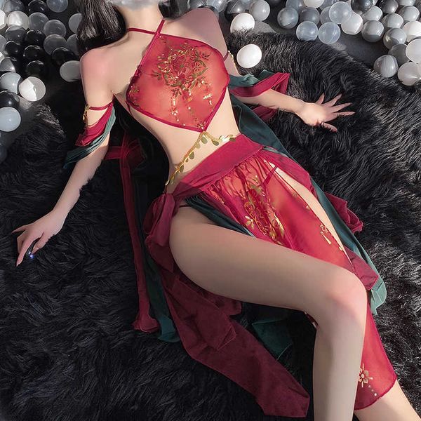 

nxy set lingerie mesh outfit halter lace floral long dress anime cosplay nightdress roleplay women high split stage costumes 230426, Red;black