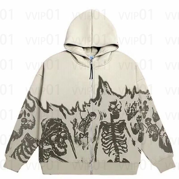 

23s cross border men's street apparel retro skeleton hoodie zipper hoodie sweatshirt top, Black