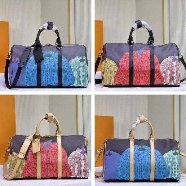 

designer travel bags for men pumpkins print boston bag colorful dots mens duffel luggage bags tote carry-on yayoi kusama collection bag