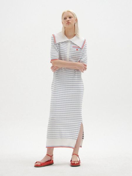

dresses eenk long skirt women 2022 spring and autumn new polo navy collar embroidered label striped color matching split knitted dress, Black;gray