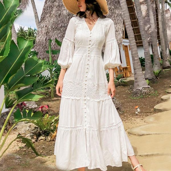 

dresses teelynn lantern sleeve cotton splice lace long dresses for women vintage white v neck autumn boho dress party holiday vestidos, Black;gray