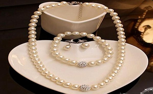 

cream glass pearl and disco rhinestone ball women bridal necklace bracelet and earrings wedding jewelry sets3224819, Black