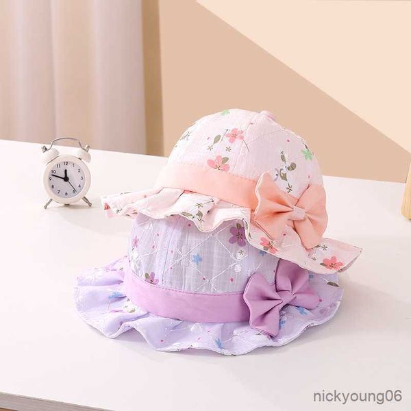 

hair accessories summer flower print kids sun hat bowknot baby bucket soft cotton wide brim outdoor girls beach cap, Slivery;white