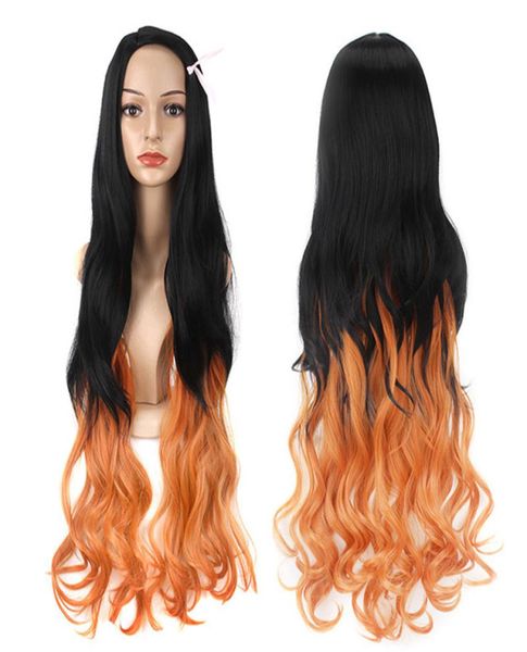

black gradient orange long curly hair anime cosplay wig0125345305
