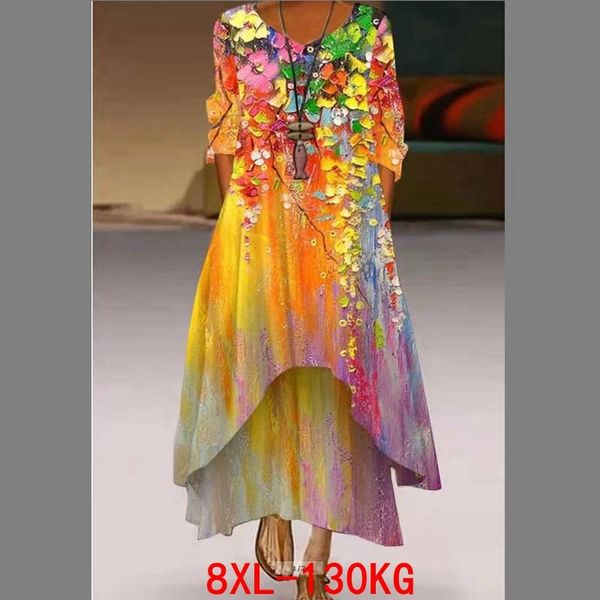 

dresses large women's 8xl 130kg print dress big size 4xl 5xl 6xl 7xl spring vneck medium sleeve loose big bohemian blue robe, Black;gray