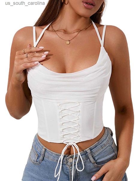 

camis women s y2k backless crop strappy sleeveless mesh skinny sling bustier vest sleeveless hanging neck tie up crop l230522, White