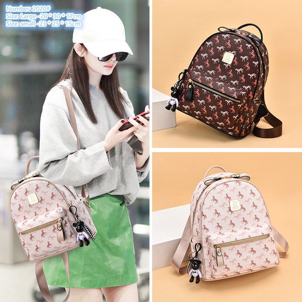 

Factory sales ladies shoulder bag 2 colors street cartoon pendant travel backpack outdoor wear-resistant leather leisure backpacks cute printed handbag, Multi