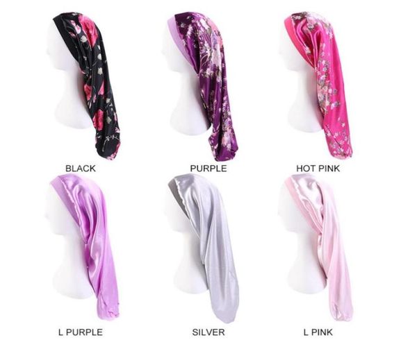 

18 styles extra long satin bonnet sleep cap long bonnet for braids women fashion leopard floral printed silky hair loose cap whole8259548, Blue;gray