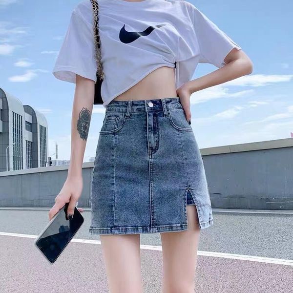 

dresses high waist slit skirt aline denim skirt culottes black womens jean mini skirts wrap skirts summer y2k korean style gothic 2022, Black;gray