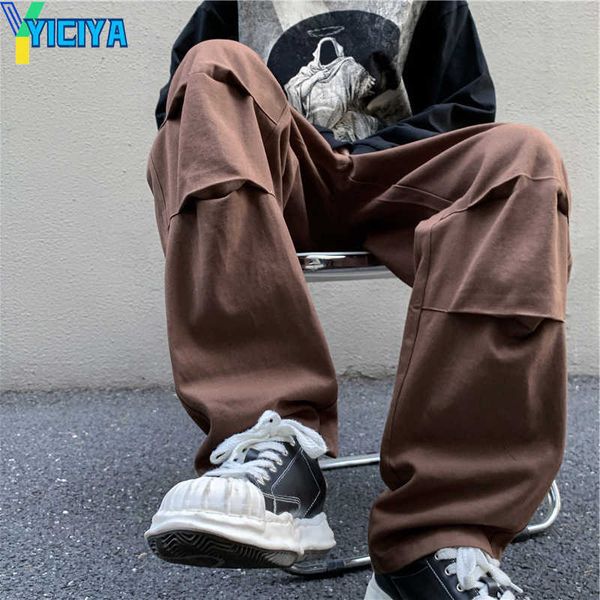 

yiciya men's pants retro brown color men cargo pants bf wind leisure streetwear hip hop dance punk patalon loose straight b-boy loser p, Black