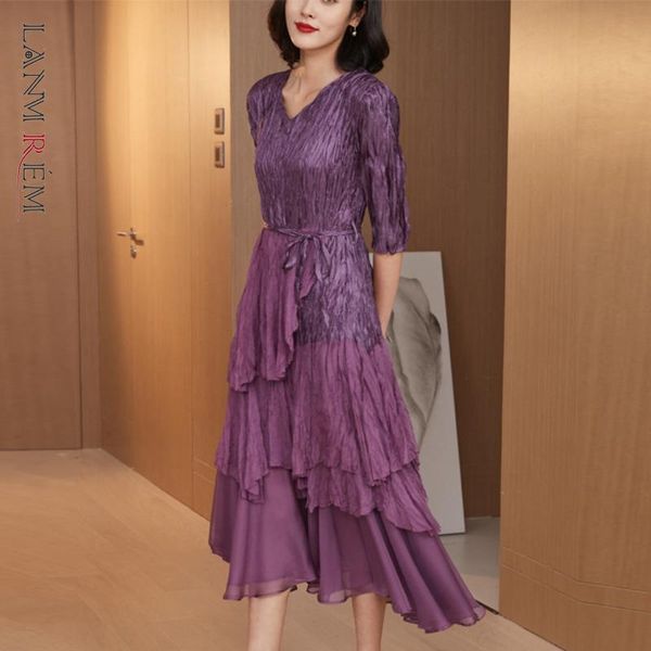 

dresses lanmrem pleated patchwork dress for women 2023 spring summer multi layer mesh dresses with belt female elegant 2d1465, Black;gray