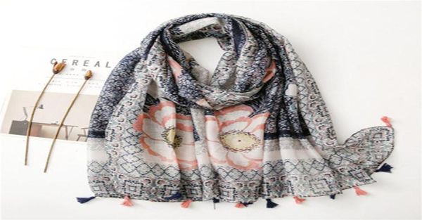

whole large soft viscose scarf with tassels floral print for women bohemian style summer bufandas cachecol5713325, Blue;gray