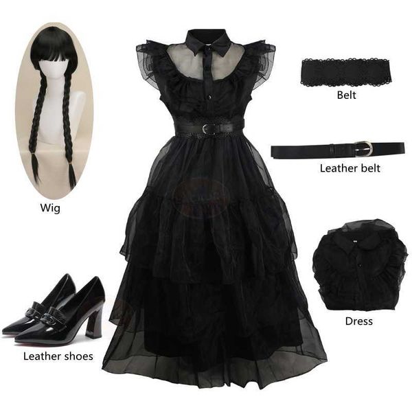 

anime costumes cosplay wednesday addams dress wig wednesday addam cosplay come kid black long skirt gothic prom dress party girl women z0602