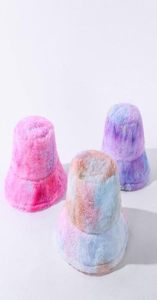 

faux fur tie dye womens winter bucket hat bob fashion warm soft rainbow basin hat lady girls fisherman hat outdoor panama3247228, Blue;gray