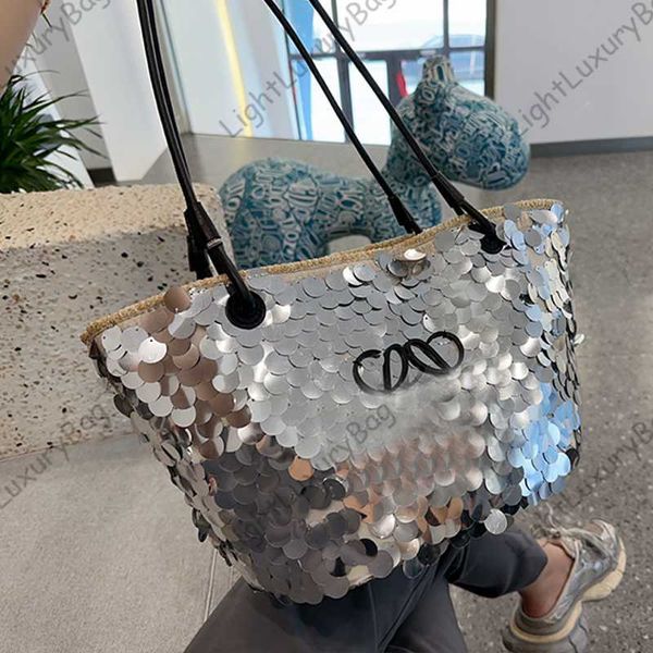 

brand designer l sequins straw bag summer new weave basket fashion shiny shoulder bag women luxury handbags tote classic female purses 23060