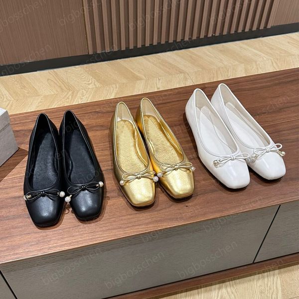 

luxury designer formal shoes ladies ballet shoes fashion platform pearl decoration black nappa leather flat shoes bow outdoor casual loafers
