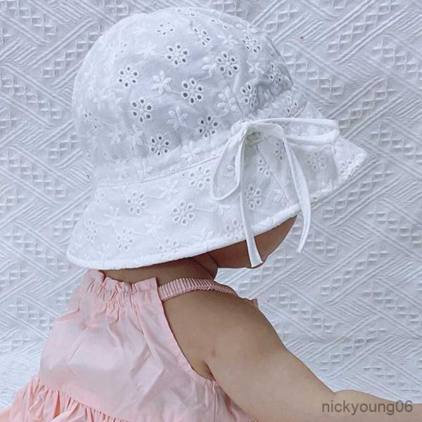 

hair accessories summer baby bucket hat breathable cotton bows infant girls sun hats hollow flower kids cap, Slivery;white