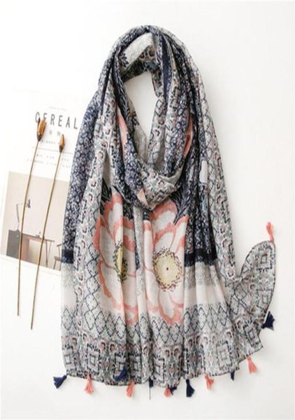 

whole large soft viscose scarf with tassels floral print for women bohemian style summer bufandas cachecol4919147, Blue;gray