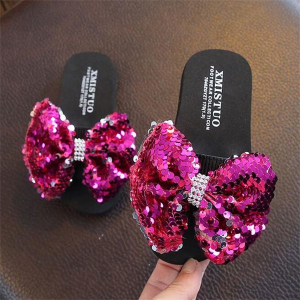 

new fashion sequin bowknot princess shoes children' beach slippers girls' sandals flat bottom non slip soft children' slipp, Black;grey