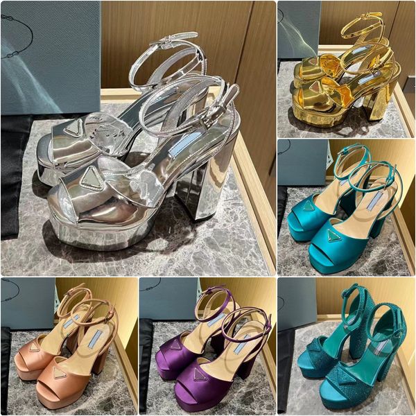

2023 spring summer new women satin platform crystals sandals designer fashion metallic platform sandals luxury heel 14cm high-heeled satin s, Black
