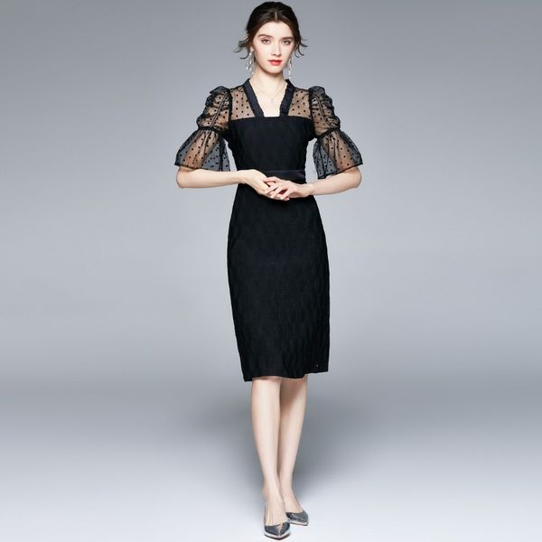 

2023 summer women's mesh stitching dress, bubble sleeve, black polka dot - basic & casual dresses. halter collar, casual style. sizes:, Black;gray