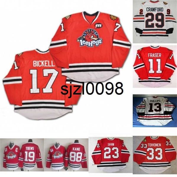 

sj98 rockford icehogs 88 patrick kane 33 hannu toivonen 17 bryan bickell 19 jonathan toews 23 andrew shaw 13 david phillips hockey jersey, Black