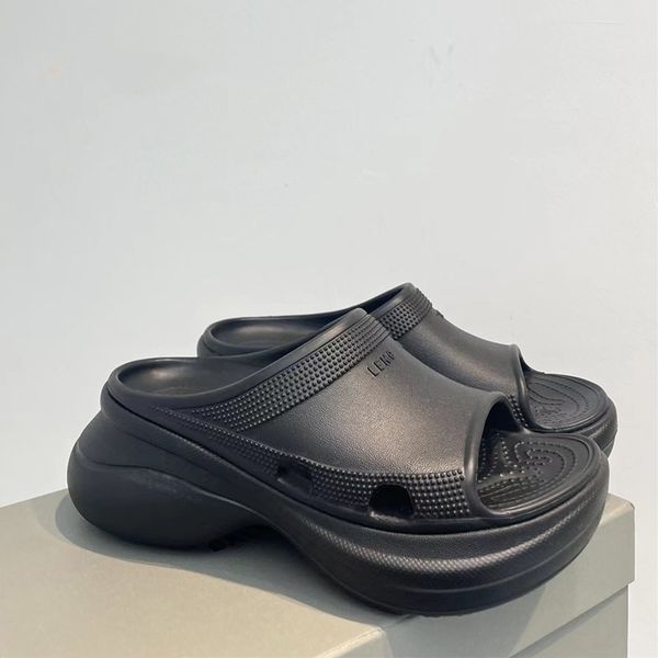 

women's slippers summer new thick sole round head casual letter one word outwear beach sandals ins fashion women's shoes with box, Black
