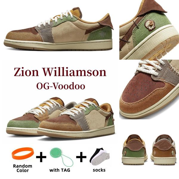 

zion williamson x voodoo mens 1 1s low basketball shoes sneaker og flax muslin fauna brown oil green sesame moon fossil men women trainers s