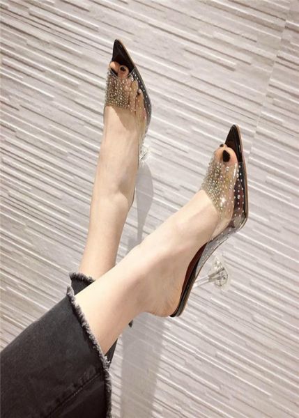 

2020 new fashion transparent rhinestones women pumps clear perspex crystal spike heel slippers shallow peep toe sandals1696618, Black